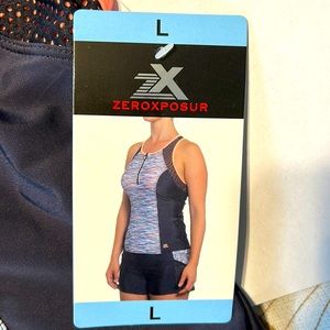 NWT - ZEROXPOSUR 2 piece swimsuit in sorbet/black & multi color.